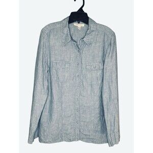 JM Collection Women's 18 Blue Chambray 100% Linen Roll Tab Sleeve Shirt Top Slit